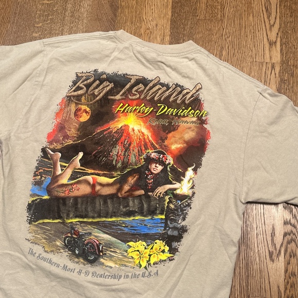 Harley Davidson Motorcycle Kona Hawaiia Pinup Girl Tan Beige T Shirt Mens Large - Picture 5 of 10
